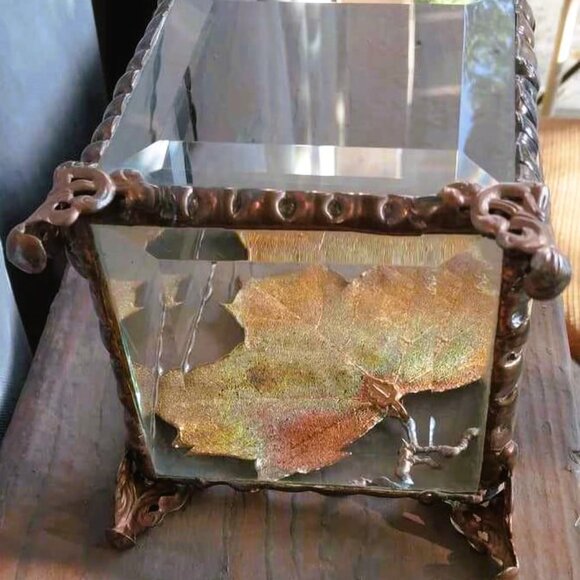 Dipped Electroplated Iridescent Copper Maple Leaf in a Beveled Glass Square - Picture 6 of 8